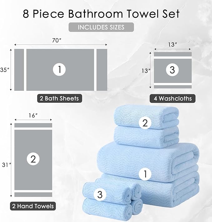 8 Piece Bath Towel Set Blue|2 Oversized Large Bath Sheet,2 Hand Towels,4 Washcloths| Ultra Soft Cozy Bath Towel Set for Bathroom Hotel Gym Spa,Highly Absorbent & Quick Dry Bathroom Towel Collections