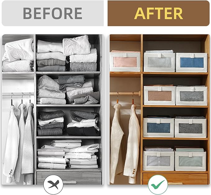 Linen Closet Organizers And Storage, 8 Pack Closet Storage Bins Linen Closet Baskets for Closet Organization Foldable Closet Organizer Bins with Clear Window For Organizing Clothing, Jeans, Shelves