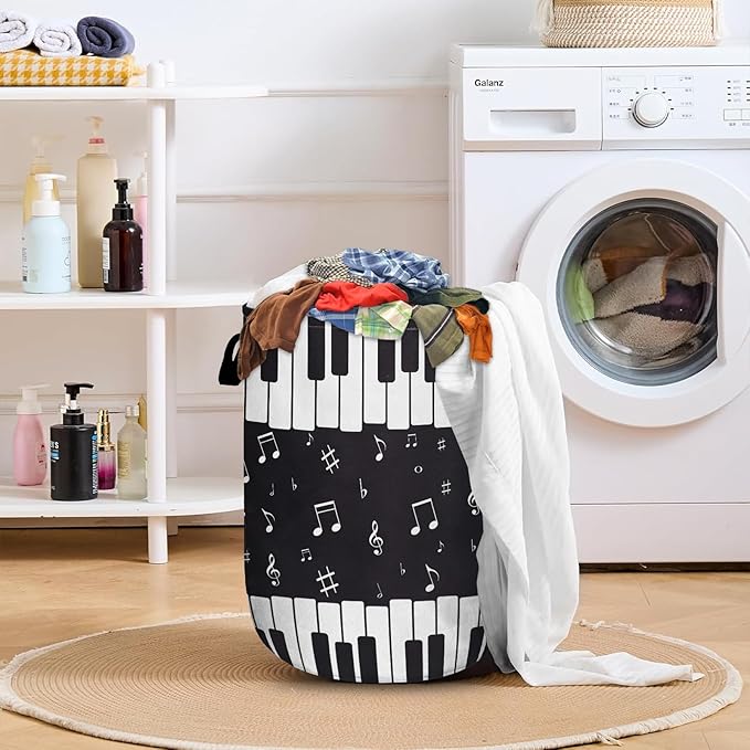 Piano Keyboard Laundry Basket with Sturdy Handles, Music Note Collapsible Oxford Cloth Laundry Hamper Organizer Basket for Bathroom Bedroom 15.7x20 Inch
