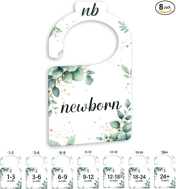 JMOST Eucalyptus Baby Closet Dividers for Nursery Closet Organizer, Newborn to 24 Months Size Clothes, Greenery Hangers with Size Dividers, Double Sided