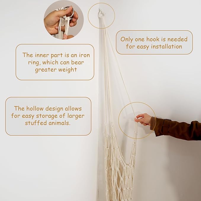 Stuffed Animal Storage Hammock Corner Hanging Net Stuffy Animal Hammock Macrame Toy Display Plush Toy Holder for Kid Bedroom Decor Boho Nursery Playroom Organizer (Cream)