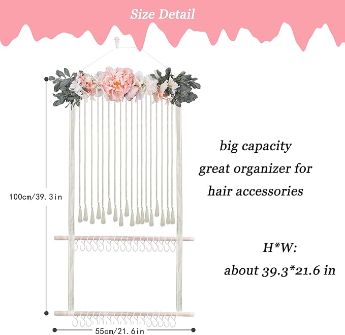 Headband Holder for Girls Hair Bows, Large Capacity Baby Headbands Organizer Storage Hair Clips Hanger Storage Flower Crown Bow Holder Wall Door Hanging Decor for Nursery Room