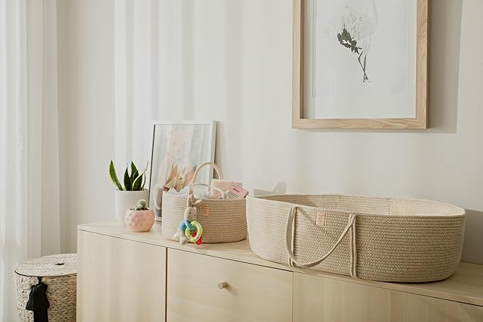 Trendy Baby Changing Basket- Unisex Baby Moses Basket Set of 4 Pieces, Waterproof Pad Cover, Caddy Diaper Organizer,Cotton Blanket - Boho Basket - Nursery Decor - Bassinet Changing Table Topper