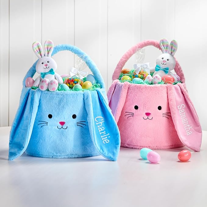 Let's Make Memories Personalized Easter Basket for Kids - For Boys - For Girls - Fillable - Easter Basket Stuffers - Oversized Plush Bunny - Blue