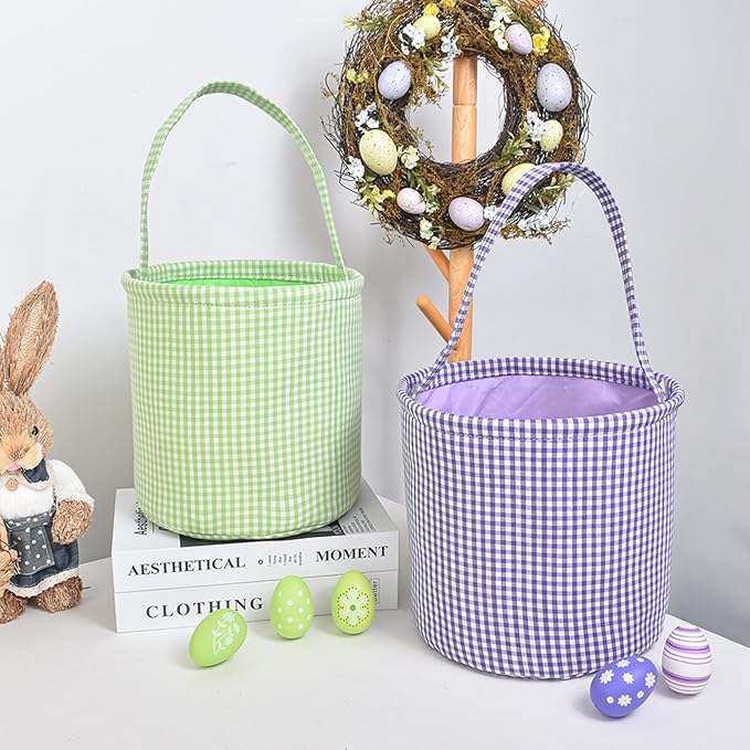 Plaid Easter Basket Stitch Easter Bag for Kids Colorful Cloth Baskets with Long Handle 9 Inch Spring Decorations (Green)