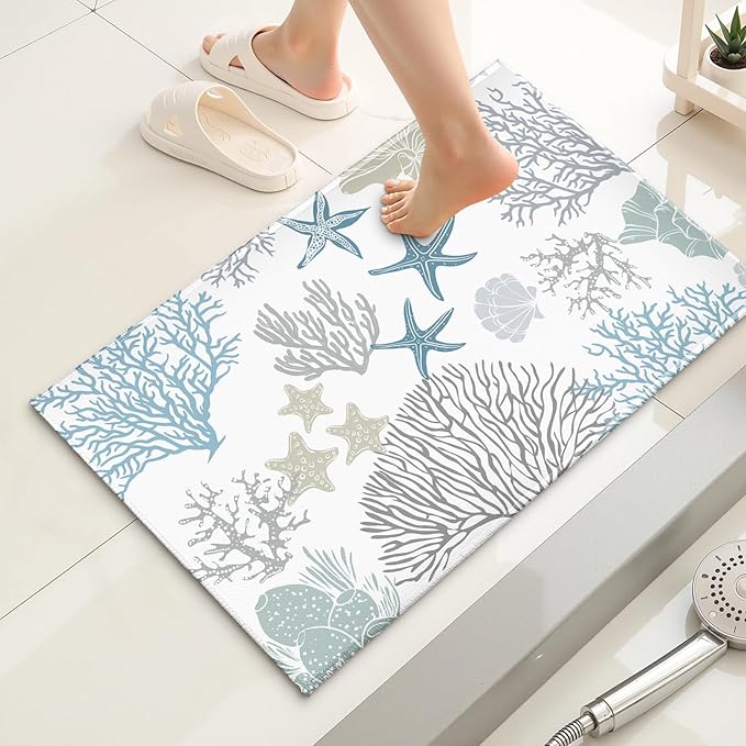 32x20in Coastal Bathroom Rug- Summer Ocean Coral Starfish Seashell Bath Mats- Blue Sea Nautical Non-Slip Seasonal Soft Velvet Bath Rugs for Shower Room Bathtub Sink Bedside Decor