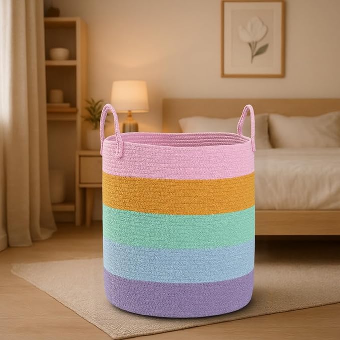 Woven Basket Nursery Laundry Hamper with Handles, Clothes Storage Organizer, Woven Basket for Boy Room Decor, Toy & Blanket Storage Bin, 15x15x18 Inch, Colorful, 1pc