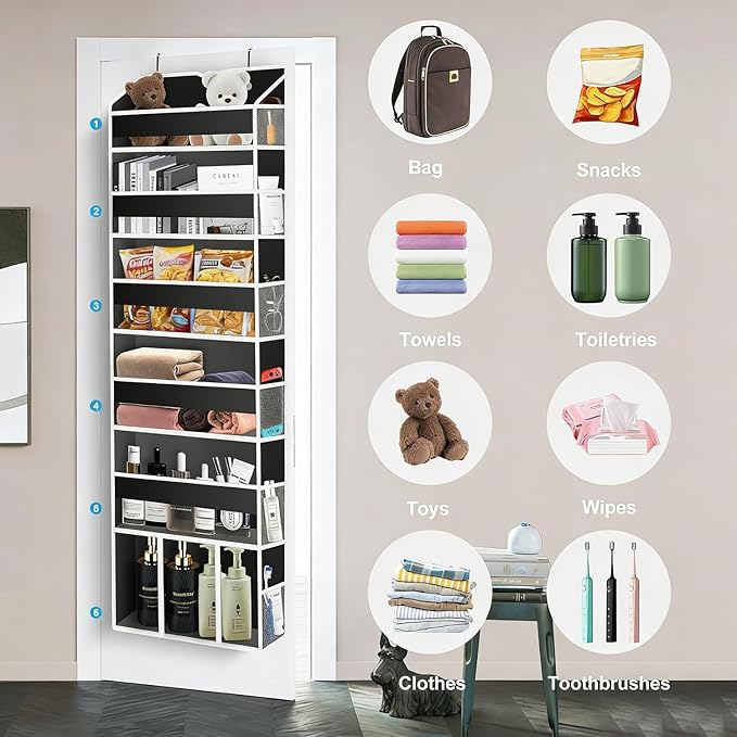 Over The Door Organizer Closet,6 Bins 12 Side Pockets,Hanging Organizer,Anti Tilt 50 lbs Load Organizers and Storage with Clear Window for Bedroom,Nursery,Rv,Bathroom,Camper(Black)