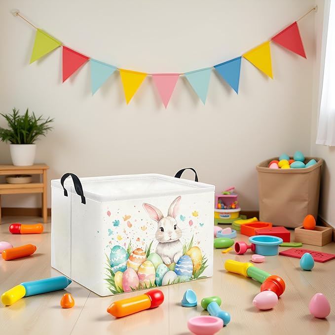 HIYAGON Rectangular Easter Basket for Kids and Girls Cute Toy Storage Organizer Bin Box Easter Egg Room Decor(Watercolor Easter)