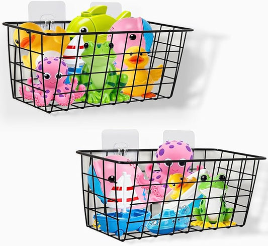 Hanging Bath Toy Storage Basket - 2 Pack Metal Bath Toy Holder with Hooks - Bathtub Toy Storage Organizer for Baby Bath Kids Shower Bathroom