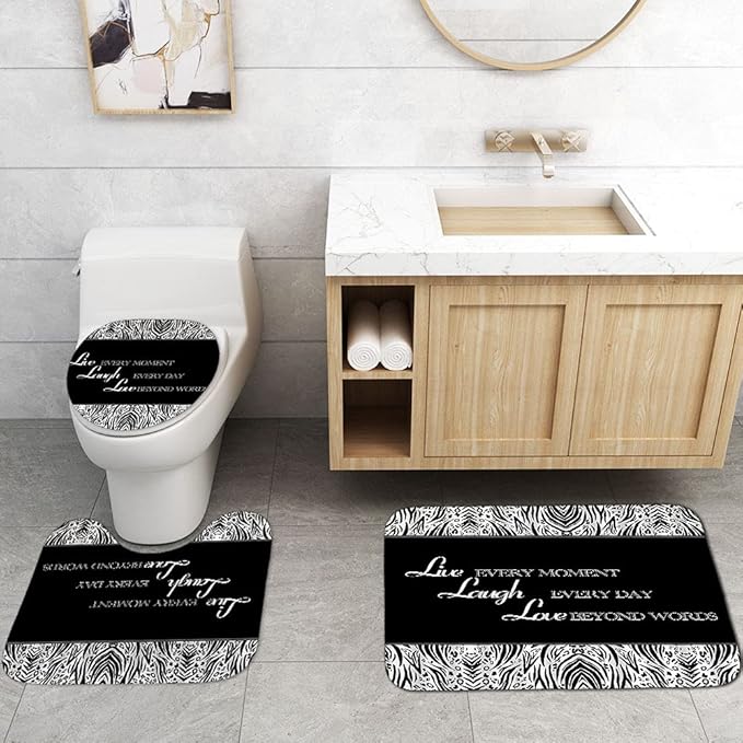 4PCS/Set Inspirational Quotes Shower curtain, Black and White Modern Zebra Pattern Motivational Bathroom Decor, Waterproof Fabric Shower curtain, Non-slip Bath Rugs Toilet Mat, Live Laugh Love