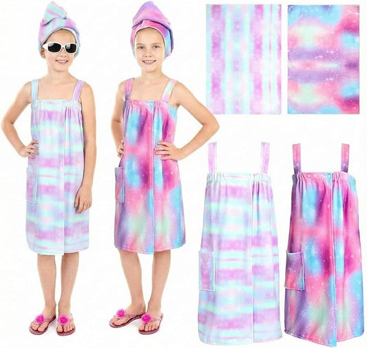 2 Sets Girls Towel Wrap Hair Towel Wrap for Kids with Soft Bath Body Dress Cute Adjustable Bathrobe with Turbans for 3.9-4.9 ft Kids Girls Wet Hair Rapid Drying(Rainbow Style)