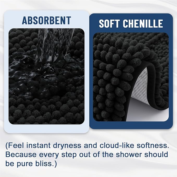 Grandaily Chenille Striped Bathroom Rugs 30x20, Extra Thick and Soft Absorbent Bath Mats, Rubber Backing, Plush Shaggy Shower Carpet, Machine Wash Dry, Bath Rug for Bathroom, Deep Black