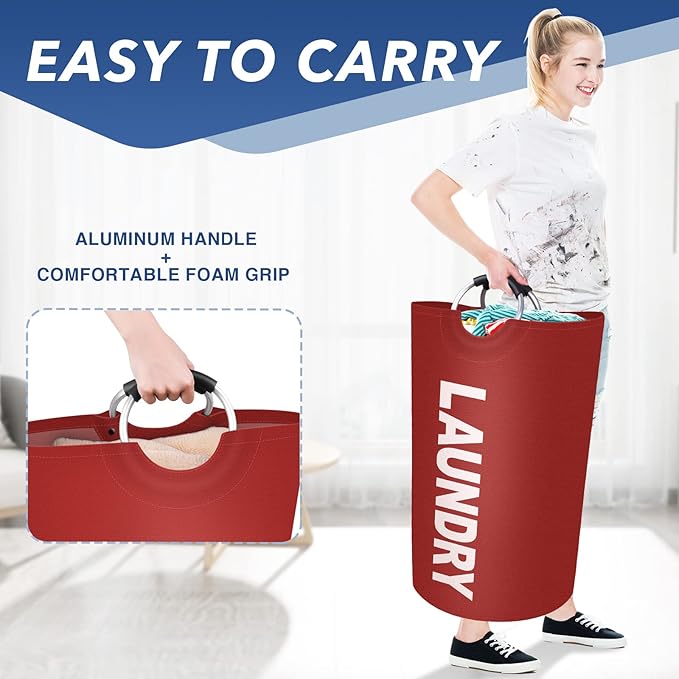 90L Large Laundry Basket, Freestanding Waterproof Laundry Hamper, Collapsible Folding Tall Clothes Hamper, Easy Carry with Foam Protected Aluminum Handles for Dorm, Family, Travel (Red)