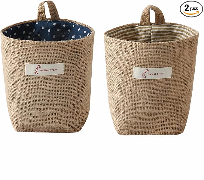 Chinshwehaw Washable Cotton Linen Hanging Organizer Bag for Door Wall Bedside | Washable Storage Pockets | Space Saving ，Reusable Closet Organizer (2Pack) (Deep blue dots+yellow stripes)