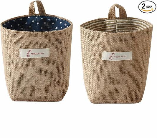 Chinshwehaw Washable Cotton Linen Hanging Organizer Bag for Door Wall Bedside | Washable Storage Pockets | Space Saving ，Reusable Closet Organizer (2Pack) (Deep blue dots+yellow stripes)