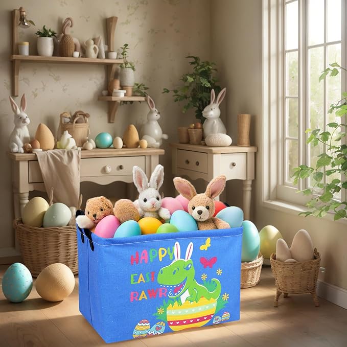 Personalized Dinosaur Easter Basket Bluey Fabric Large Empty Easter Basket for Boy and Girl (Dinosaur Blue Background)