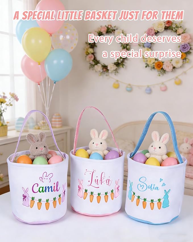 Personalized Embroidered Easter Basket for Kids - Custom Name Carrot Bunny Basket Bags, Perfect for Easter Egg Hunt, Gifts & Party Favors for Boys & Girls