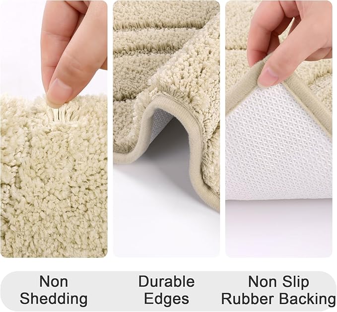 HEBE Bathroom Rugs Sets 5 Piece, Soft Absorbent Microfiber Bath Mat for Bathroom, Non Slip Washable Bath Rug Set with Toilet Cover, Bath Runner and U-Shaped Contour Toilet Rug, Beige