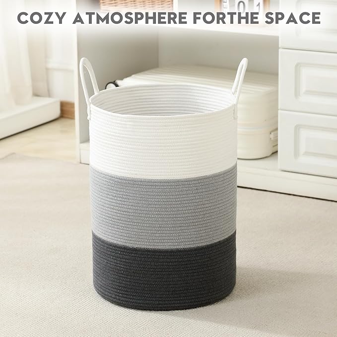 Woven Laundry Hamper Tall Rope Storage Basket for Blanket oys Dirty Clothes in Living Room Bathroom Bedroom (Gradient Grey, 100L/26.4Gal)