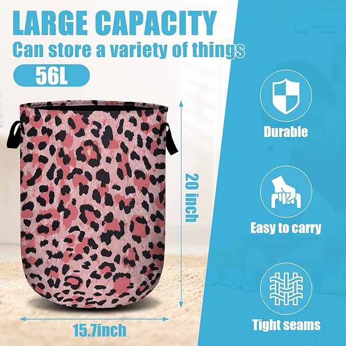 Pink Leopard Laundry Basket, Laundry Hamper Collapsible Oxford Cloth with Handle Clothes Toy Storage Bin for Bathroom Laundry Room Bedroom 15.7 X 20 Inch