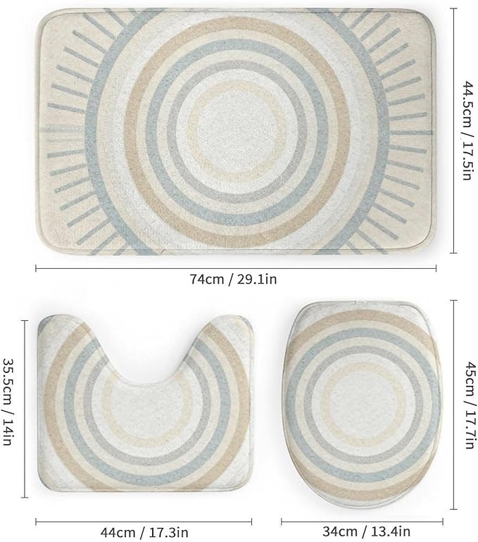 4 Piece Bathroom Rug Set with Shower Curtain, Non-Slip Bath Mat Toilet Cover Set, Center of Circles Bathroom Rug Sets