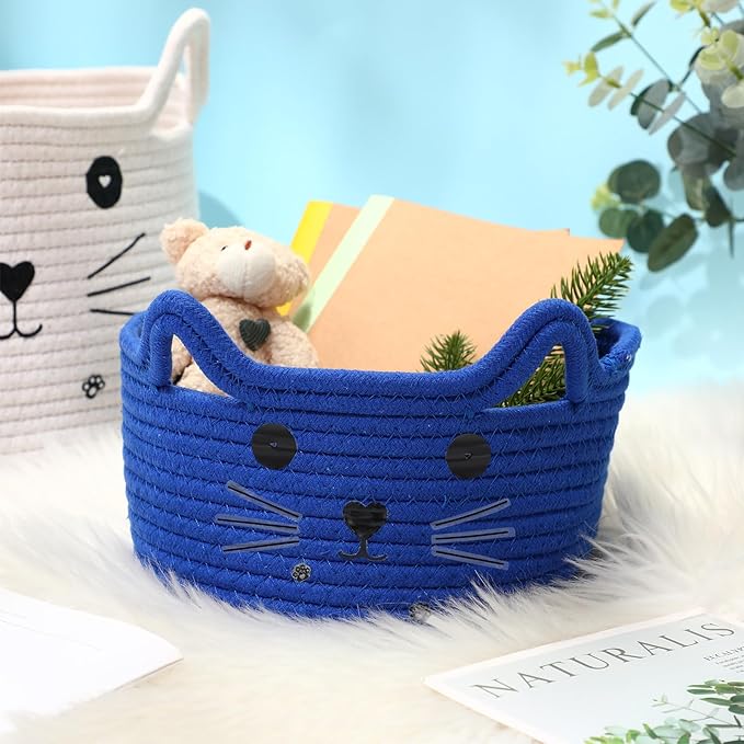 Zopeal Cat Basket Storage Woven Organizer with Ears Christmas Decorative Pet Toy Cute Cotton Rope Basket for Gift Cat Dog Toy Bin Nursery Room(8.3 x 4.7 Inch,Royal Blue)