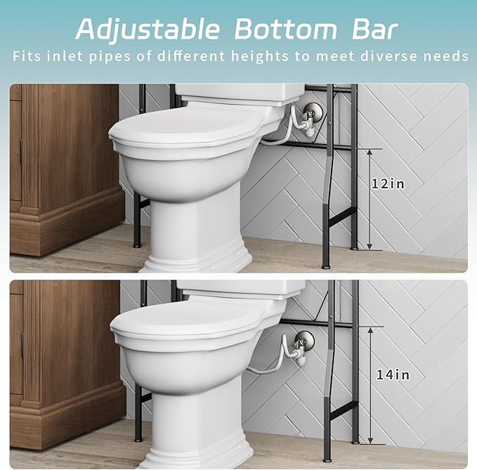 Over The Toilet Storage Shelf - 3-Tier Adjustable Black Metal Bathroom Organizer (21.6”-26.8") No Drilling Required, Space-Saving with Paper Holder & 4 Hooks for Small Spaces