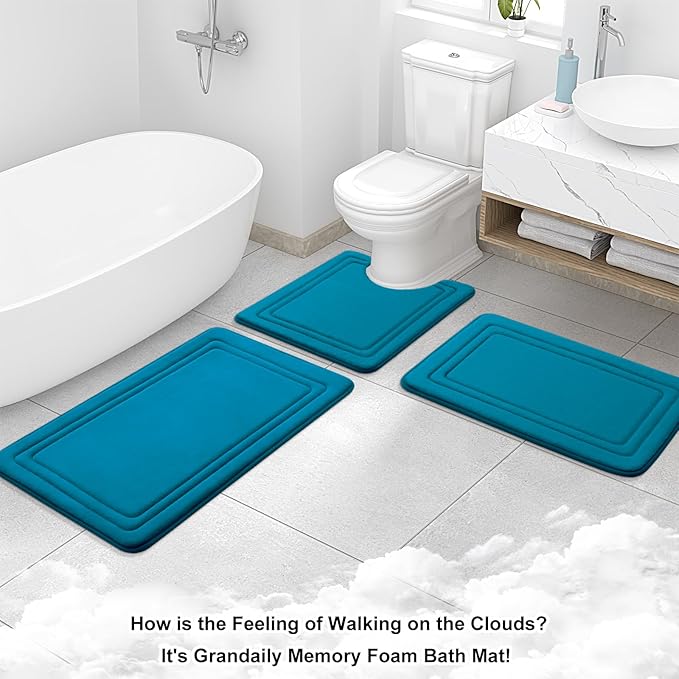 Grandaily Memory Foam Bath Mat Rug 44x24, Ultra Soft, Non-Slip and Absorbent Bathroom Rugs, Machine Wash Dry, Comfortable Bath Carpet for Bathroom Floor, Tub and Shower, Peacock Blue