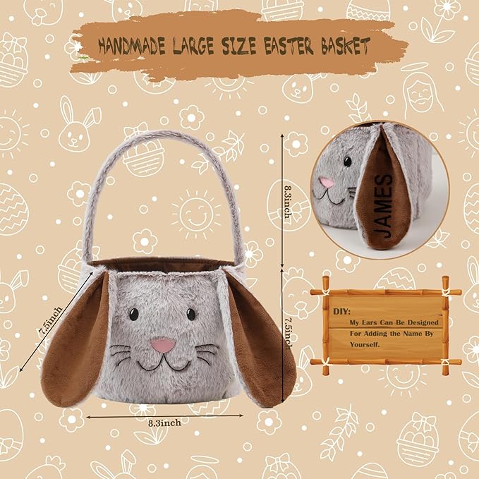 Easter Bunny Basket,Cute Easter Bucket Bags with Rabbit Ears for Eggs Hunting,Candy Gifts Storage (Brown/White)