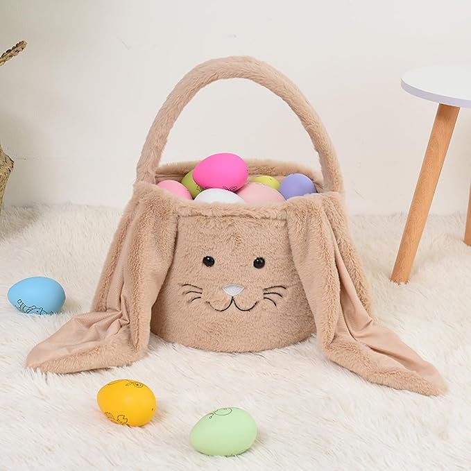 Plush Easter Bunny Basket Bags for Kids, Rabbit Bucket Tote with Long Fluffy Ears, Cute Egg Hunts Party Storage Candy Gifts Carry Bucket Decorations (Brown)