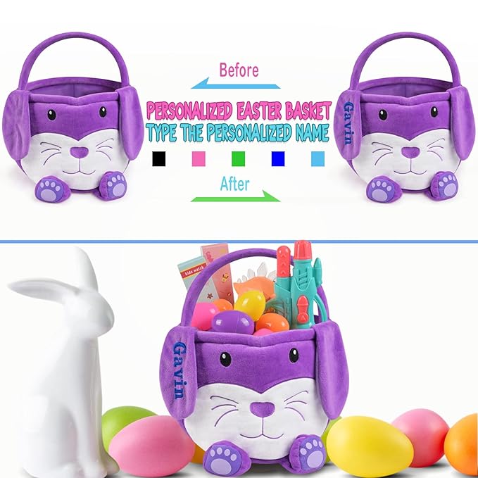 Personalized Easter Basket, PEMIRSAYO Easter Baskets for Kids Easter Bunny Baskets Custom Easter Basket Personalized Easter Gifts Toddler Easter Baskets Empty - Purple