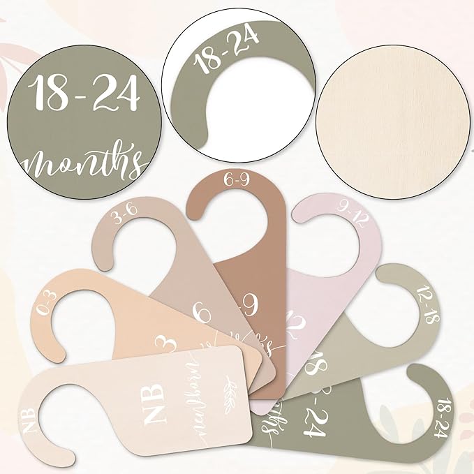 Whaline 7Pcs Earth Tone Wood Baby Closet Size Dividers with Velvet Bag Newborn to 24 Month Thicken Infant Wardrobe Hanger Organizers for Home Nursery Party Favors Supplies