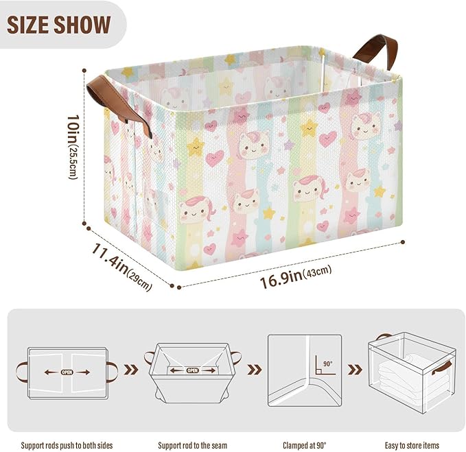 Collapsible Storage Basket With Handles Cartoon Unicorn Lovely Stripes Medium Storage Box for Clothes Organizing Waterproof Foldable Storage Bins 1 Piece