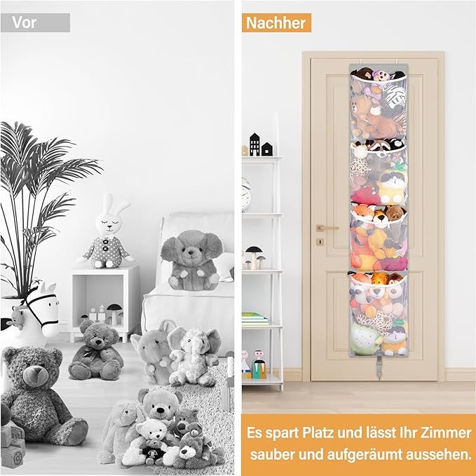 Stuffed Animal Storage Over Door, Hanging Toy Organizer, Plush Doll & Bear Baby Accessory Holder Idea for Nursery, 12 Inch Wide Mesh Bag for Bi-Fold Door Closet Girl Boy Kid