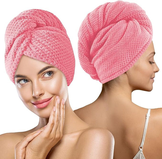 2 Pack Microfiber Hair Towel Wrap for Women, Lint Free Quick Drying Hair Turban for All Hair Style, Absorbent and Lightweight Hair Towel for Daily Use, Hot Pink