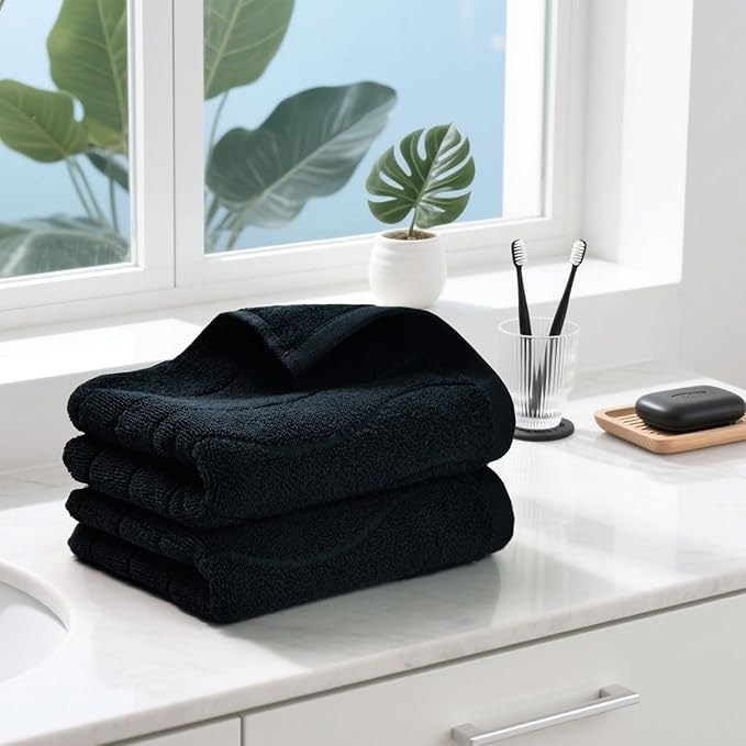 Hand Towels with Wavy Jacquard - Black Face Towels for Bathroom, 2 Piece, Cotton, 13x29 Inches