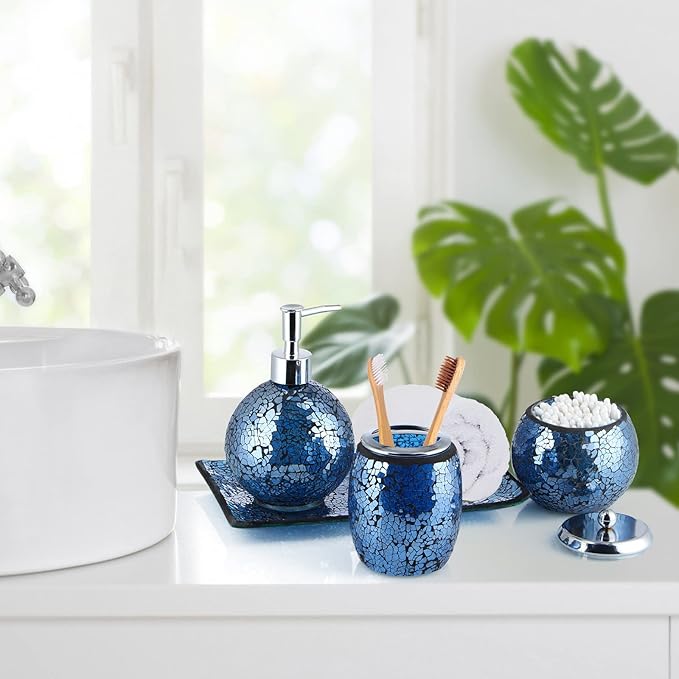4 Pcs Mosaic Glass Bathroom Accessories Set, Modern Luxury Bath Ensemble, Includes Soap Dispenser, Cotton Swab Jar, Toothbrush Holder, Vanity Tray (Shiny Blue)