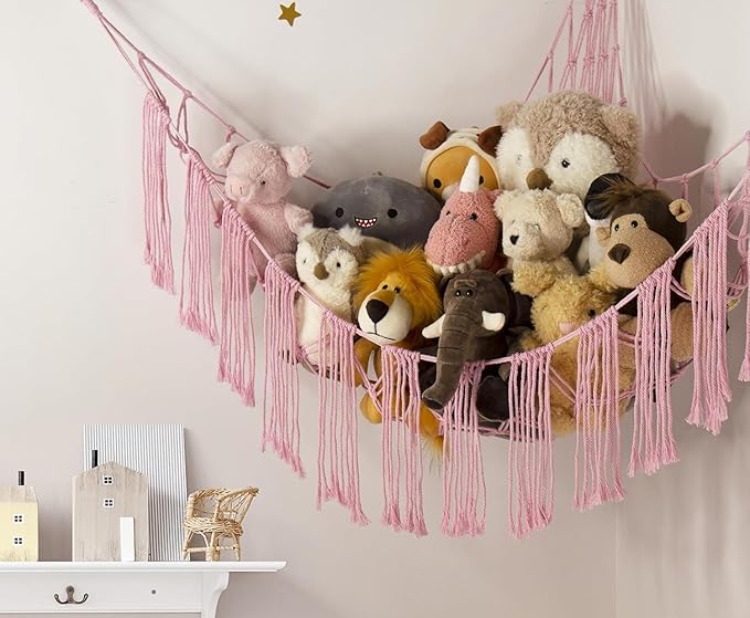 Stuffed Animal Storage Hammock Corner X-Large with LED Light - Baby Hammock Hanging Holder Plushies Net for Stuff Animals Organizer - Cute Room Decor Aesthetic Kids Toddler Nursery Bedroom
