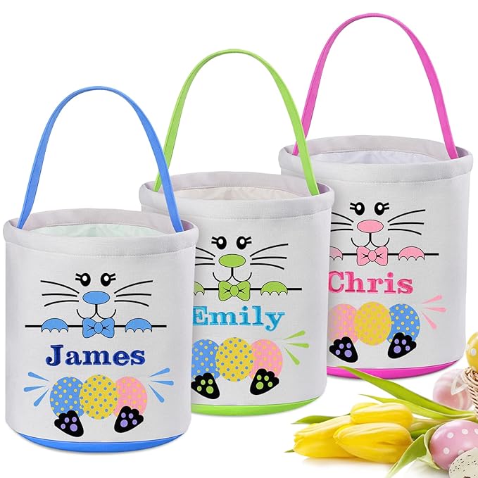 3 Pack Personalized Easter Basket for Kids, VAPCUFF Easter Baskets for Boys Girls Easter Bunny Basket Easter Basket Bags Easter Gifts Baskets for Kids Easter Empty Basket Easter Egg Hunt Basket