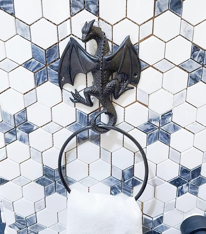 Gothic Dragon Cast Iron Toilet Paper Holder and Towel Ring Set, Wall Mounted Decorative Bathroom Accessories, 2 PCs
