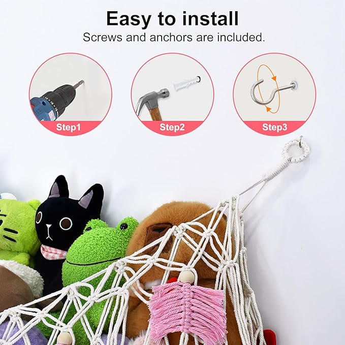 60"Stuffed Animal Net or Hammock for Stuffed Animal Storage,Flat Wall Mounted Hanging Net Organizer for Kids Plush Toys,Space-Saving Wall Storage with Hooks,Durable Mesh for Nursery & Playroom (White)