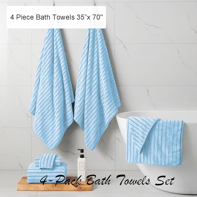 4 Piece Blue Cabana Stripe Large Bath Towels 35"x70" Oversized Bath Sheet Super Soft Breathable Jumbo Bathroom Towels Highly Absorbent Shower Towel Quick Dry Beach Chair Towel Spa Gym Hotel Towel Set