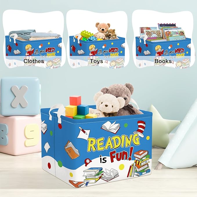 Clastyle Rectangular Animal Reading Book Basket for Kid Dr Quotes Back To School Classroom Kid Gifts Storage Nursery Room Decor Blue Baby Basket for Boys and Girls Cute Toy Storage Organizer Bin Box