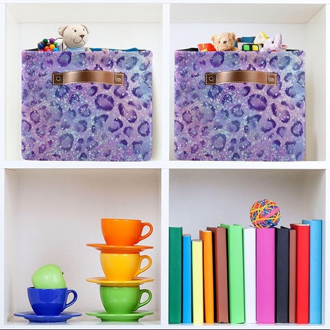 Glitter Leopard Purple Rectangular Storage Bin Basket with Handles - Nursery Storage Laundry Hamper Storage Baskets