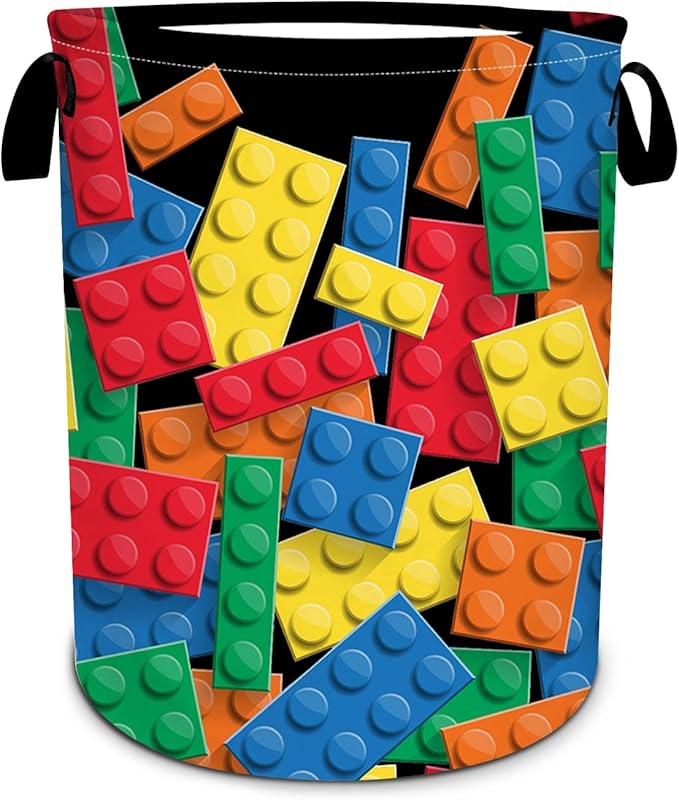 Colorful Building Blocks Laundry Basket, Funny Bricks Laundry Hamper Foldable Waterproof Tote Bag Dirty Clothes Storage Bucket Toy Organizer for Bathroom/Laundry/Bedroom 15.7"x19.6"