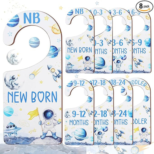 Baby Closet Dividers 8PCS, Outer Space Themed Wooden Double-Sided Clothes Size Hanger Organizer from Newborn to Toddler for Nursery Decor Baby Shower Birthday Gift Blue