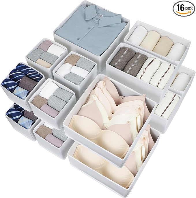 16 Pack Drawer Organizer Clothes, Foldable Fabric Dresser Organizer Closet Organizers and Storage Box for Underwear,Folded Clothes,Baby Clothing,Socks,Bra,Towels,Ties(White)