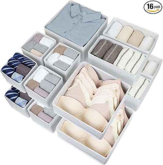 16 Pack Drawer Organizer Clothes, Foldable Fabric Dresser Organizer Closet Organizers and Storage Box for Underwear,Folded Clothes,Baby Clothing,Socks,Bra,Towels,Ties(White)