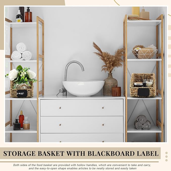 4 Pcs Natural Seagrass Storage Baskets Set Stackable Handwoven Wicker Storage Bins with Chalkboard Label Built-in Handles Woven Container Basket Kitchen Baskets for Shelves